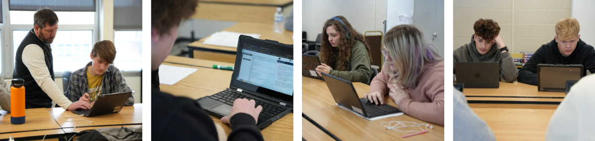 four photos of students working on their computers